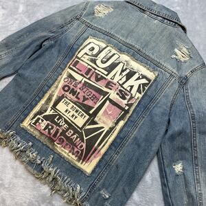 Bethany Mota‎ Punk Lives Denim Jacket Womens S Blue Distressed Raw Hem Bowery NY